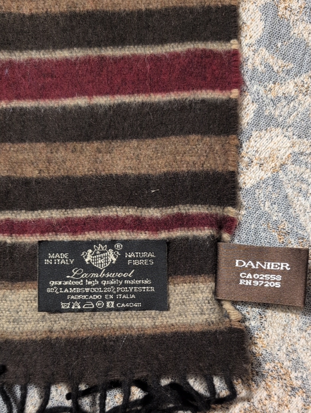 Danier Brown, Tan & Burgundy Striped Lambswool Scarf